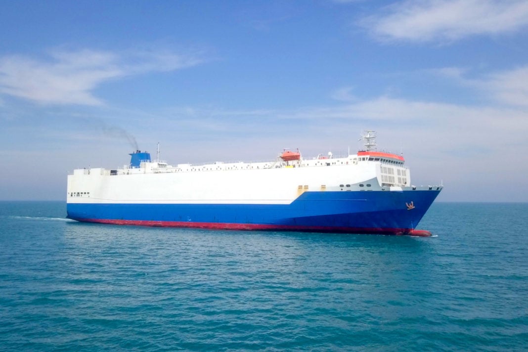 Large RoRo (Roll on/off) Car Shipping Vehicle carrier vessel cruising the Mediterranean sea