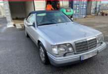 Shipping a Classic Mercedes to Australia: How We Shipped a 1995 Mercedes E320 Cabriolet to Brisbane! Front view of a silver 1995 Mercedes E320 Cabriolet before shipping from the UK to Brisbane, Australia, with Autoshippers.