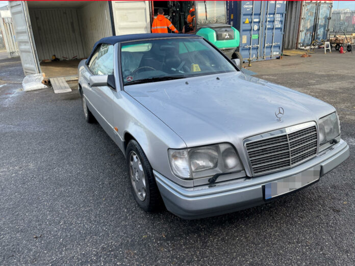 Front view of a silver 1995 Mercedes E320 Cabriolet before shipping from the UK to Brisbane, Australia, with Autoshippers.
