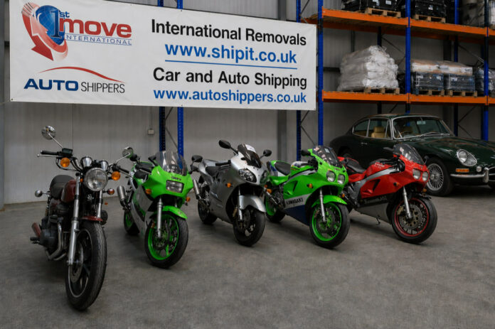 Five classic Kawasaki motorbikes at Autoshippers’ warehouse before shipping from Liverpool, UK, to Newark, USA.