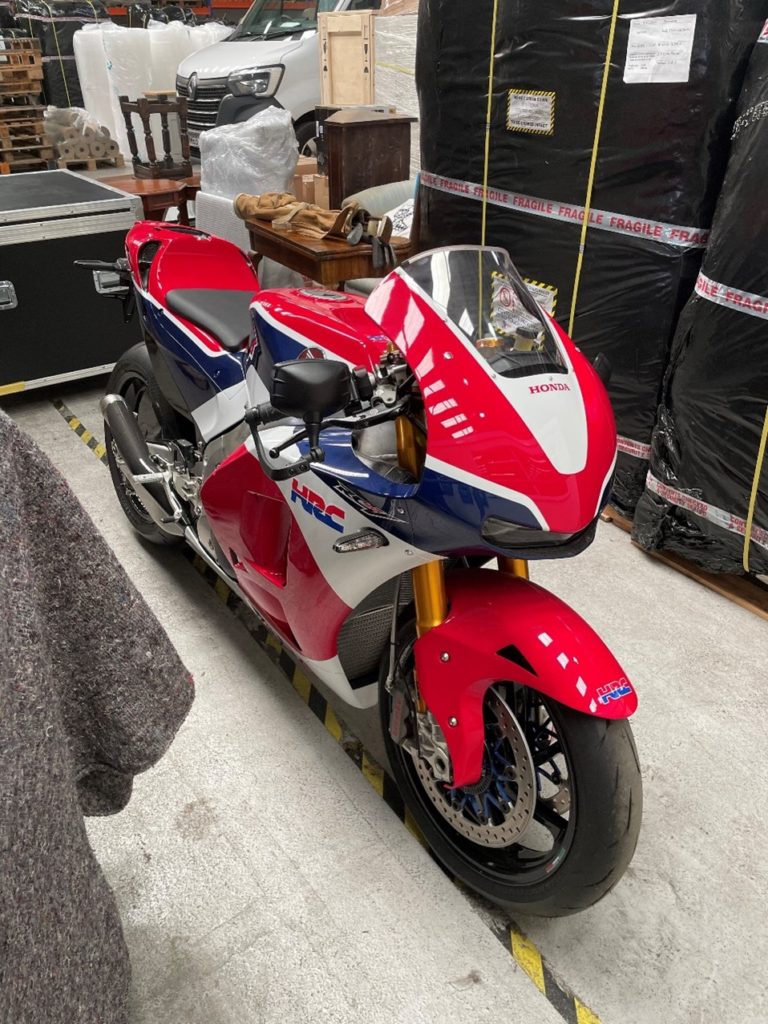 Photo of the Honda RC213V-S after collection from the customer in the UK and prior to crating and shipping to Hong Kong.