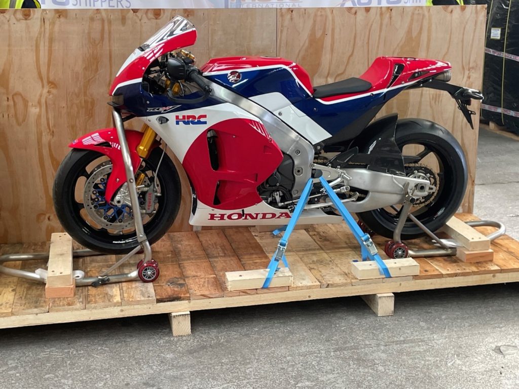 Photo of the Honda RC213VS during the crating process at the Autoshippers warehouse, prior to shipping from the UK to Hong Kong