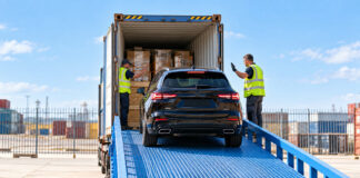 Shipping Your Car and Personal Effects to the USA: Together or Separately? Car being loaded into a shipping container alongside palletised household goods