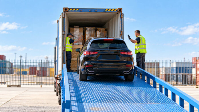 autoshippers-cover Car being loaded into a shipping container alongside palletised household goods