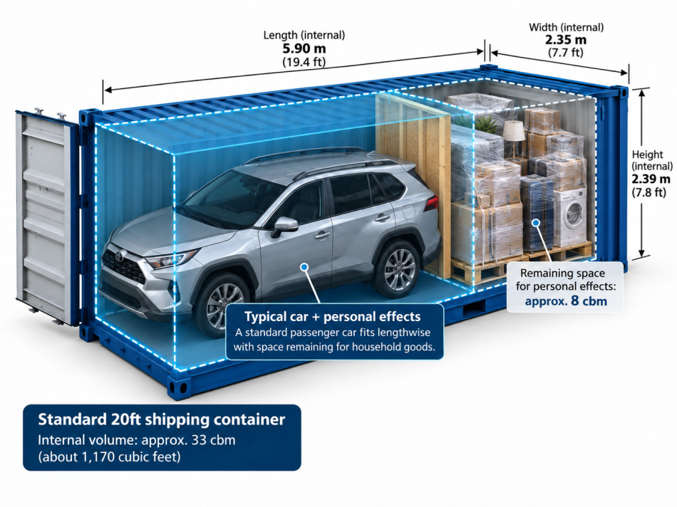20ft shipping container diagram showing a typical car with around 8 CBM of space remaining for personal effects