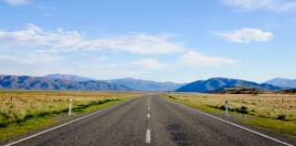 Highway 8, the road between Lake Tekapo and Lake Pukaki in the South Island, during spring season of New Zealand.