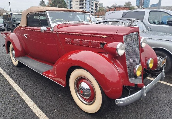 1937 Packard 115C Convertible at Southampton quay awaiting loading on a RoRo vessel bound for the USA via Autoshippers