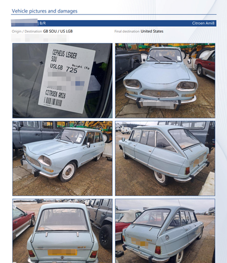 Vehicle Condition Report showing photographs of a 1971 Citroën Ami 8 before shipping to the USA via Ro/Ro shipping service