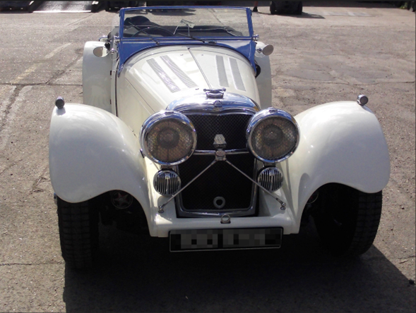 Front view of a 1976 Suffolk Jaguar SS100 Convertible replica shipped from the UK to New Zealand by Autoshippers