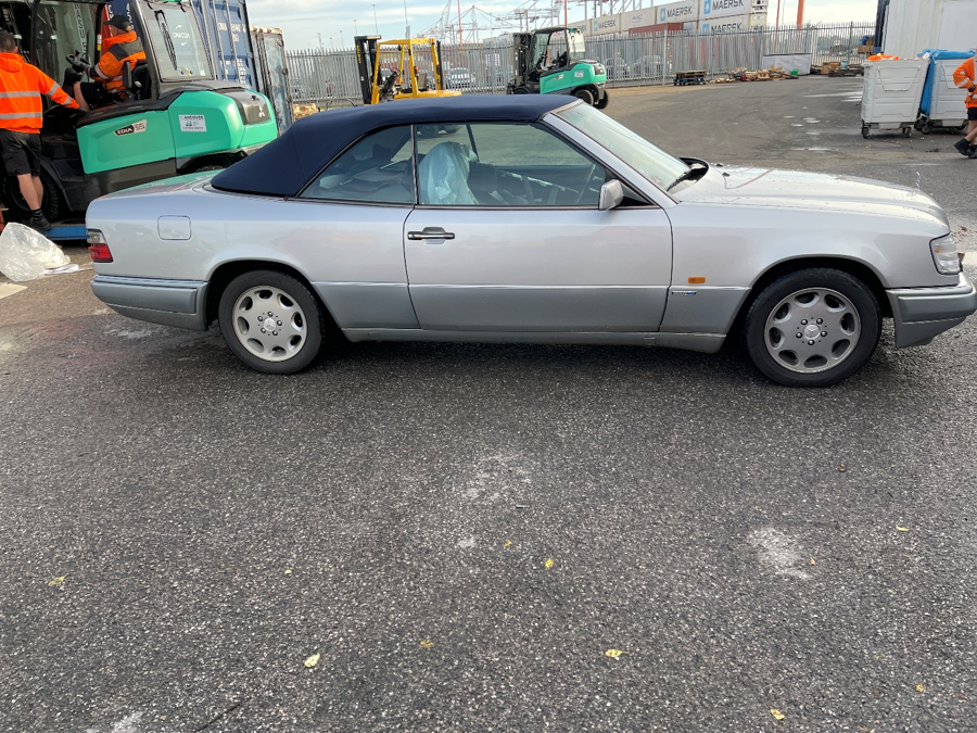 Right-side view of the Mercedes E320 Cabriolet at Autoshippers’ loading facility before shipping from the UK to Brisbane.