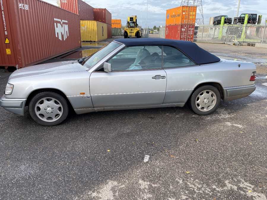 Left-side view of the silver Mercedes E320 Cabriolet before container shipping from the UK to Brisbane with Autoshippers.