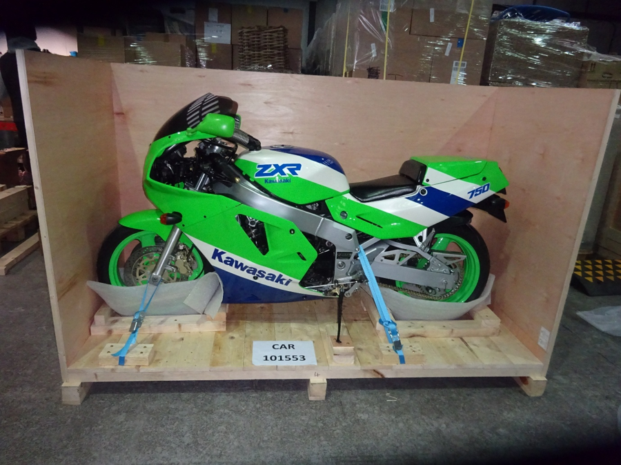 Green, white and blue Kawasaki ZXR 750 in a bespoke crate for shipping from Liverpool, UK, to Newark, USA, with Autoshippers.