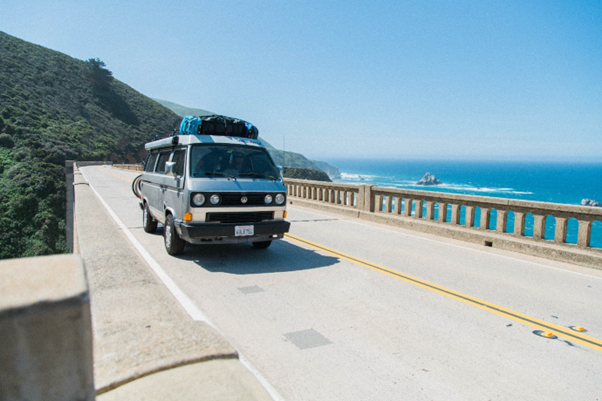 VW Camper parked on a bridge in the USA 