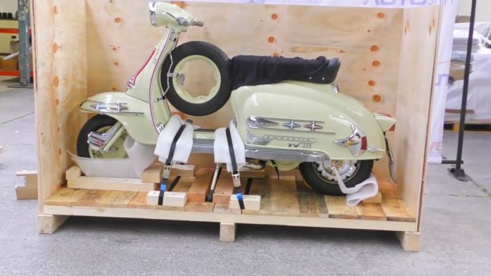 Lambretta TV175 scooter during the crating process | Autoshippers Motorbike Shipping