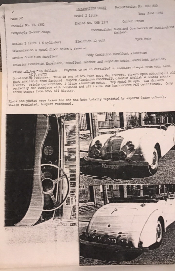 The original flyer advertisement from which Dr Nashold purchased the car.